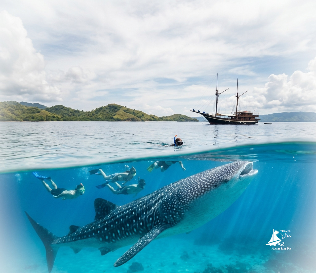 Diver swimming with a whale shark underwater during a Travel Wise diving trip in Indonesia
